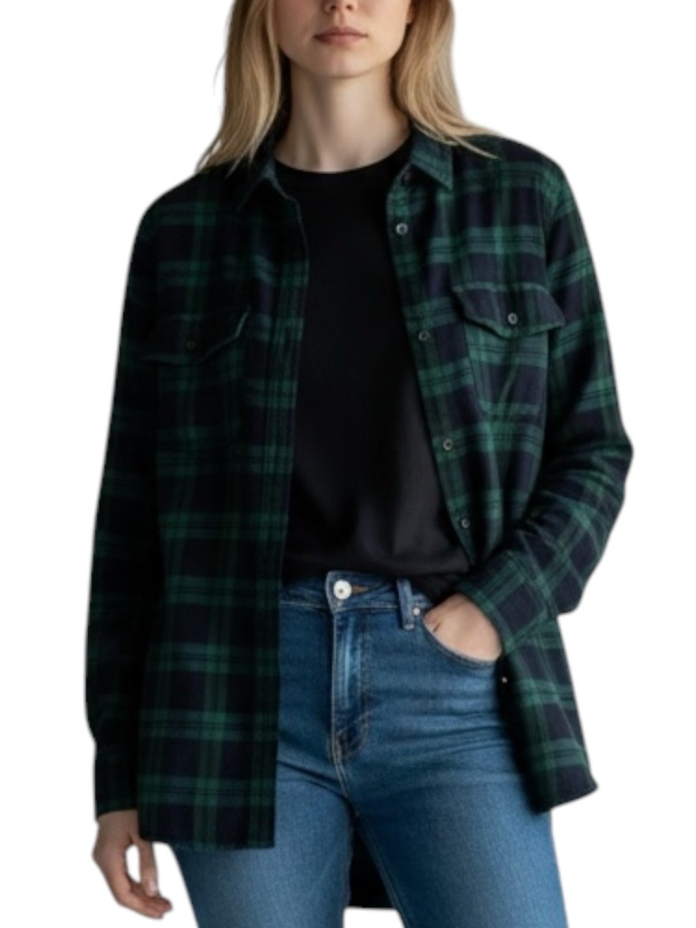 MADEWELL Plaid Button-Up Shirt in Green/Black (Black Watch) Size XS